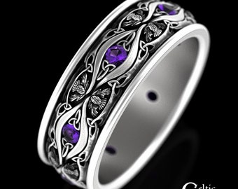 Amethyst Sterling Thistle Mens Ring, Mens Scottish Ring, Mens Scotland Botanical Wedding Band, Sterling Groom Scottish Thistle Ring, 3023