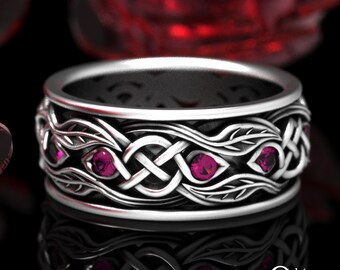 Ruby Mens Leaf Wedding Band, Sterling Irish Botanical Wedding Ring, Silver Ruby Celtic Knotwork Ring, Scottish Nature Wedding Ring, 1964