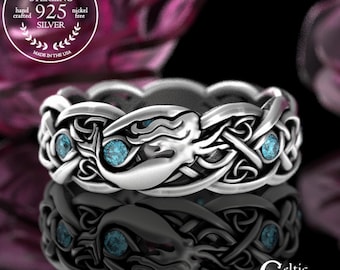 Sterling & Blue Topaz Mermaid Wedding Ring, Celtic Mermaid Ring, Sterling Irish Mermaid Ring, Blue Siren Ring, Ocean Wedding Band, 3058
