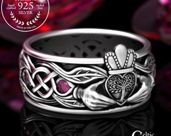 Ruby Handfasting Ring in Sterling, Silver Tree Heart Claddagh, Groom Irish Heart Wedding Band, Scottish Crown Botanical Tree of Life, 2042