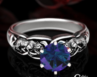 Alexandrite Wolf Engagement Ring, Sterling Wolf Engagement Ring, Celtic Alexandrite Solitaire Ring, Wolf Wedding Ring, Direwolf Ring, 1868