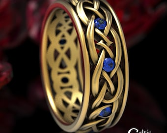 14k Sapphire Mens Ring, Gold Celtic Wedding Ring, Sapphire Celtic Wedding Band, 10K Mens Celtic Wedding Band, Gold Irish Mens Ring, 1900