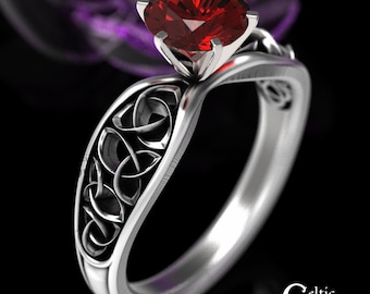 Celtic Ruby Solitaire Wedding Ring, Celtic Engagement Ring, Ruby Sterling Silver Wedding Ring, Modern Engagement Ring, Unique Ruby Ring 1427