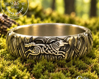 Sterling Celtic Wolf Ring, Celtic Wolf Wedding Band, Womens Wolf Ring, Womens Wolf Wedding Ring, Irish Wolf Ring, Silver Wolf Ring, 1909