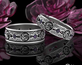 Matching Irish Celtic Rose Wedding Set, Alexandrite Flower Wedding Ring Set, Sterling Scottish Knotwork Bride Groom Wedding Bands, 3045 3046