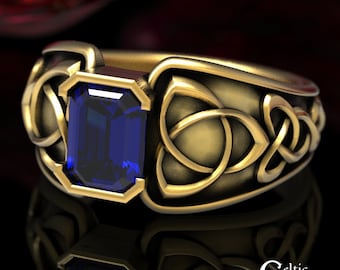 Sapphire + Gold Engagement Ring, Gold Statement Ring, Sapphire Gold Ring, Sapphire Celtic Wedding Ring, Emerald Cut Engagement Ring, 1531