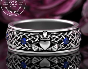 Sapphire Men's Claddagh Ring, Sterling Groom Irish Ring, Celtic Heart Hands Wedding Band, Silver Scottish Claddaugh Anniversary, 3324