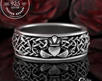 Wide Classic Claddagh Ring - Irish Groom, Sterling Men's Handfasting Ring, Silver Scottish Man Wedding Band, Woven Heart Braid Jewelry, 3323