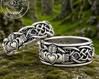 Matching Alexandrite Rings, Sterling Claddagh Wedding Ring Set, Alexandrite Wedding Band Set, Matching Sterling Claddagh Ring Set, 1684 1688