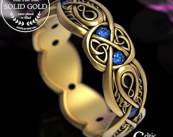 Gold or Platinum Sapphire Trinity Ring, Irish Infinity Knotwork Ring, Elegant Celtic Wedding Ring, Infinite Love Handfasting Band,  1411