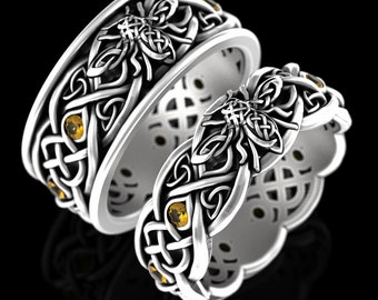 Yellow Bumblebee His Hers Wedding Bands, Sterling & Yellow Sapphire Wedding Ring Set, Silver Matching Celtic Irish Bee Rings, 3086 3088