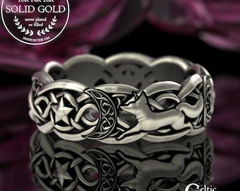White Gold Fox Star Magic Ring, 14K Crescent Moon Wedding Ring, 18K Celestial Wiccan Ring, Occult Goddess Ring, 10K Arcane Foxy Lady, 3277