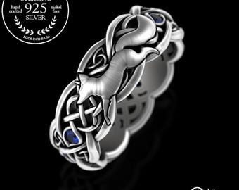 Womens Sterling Fox Ring, Sapphire Fox Wedding Ring, Fox Wedding Ring, Fox Wedding Band, Celtic Fox Wedding Ring, Silver Fox Ring, 3196