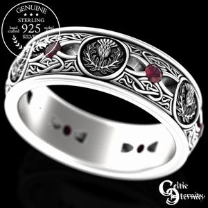 Anillo de cardo de plata esterlina, alianza de cardo rubí de plata, anillo de boda escocés para hombre, anillo de zafiro entrelazado, anillo de reliquia para novios escoceses, 4409