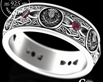 Sterling Thistle Ring, Silver Ruby Thistle Wedding Band, Mens Scottish Wedding Ring, Sapphire Weave Ring, Groom Heirloom Scotland Ring, 4409