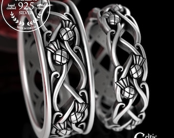 Bride & Groom Classic Thistle Wedding Rings, Sterling Scottish Thistles Handfasting Set, Matching Silver Celtic Knotwork Bands, 3301 3302