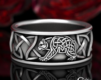 Sterling Silver Bear Wedding Ring, Celtic Bear Ring, Mens Wedding Band, Silve Bear Ring, Wide Mens Ring, Mens Celtic Wedding Band, 1127