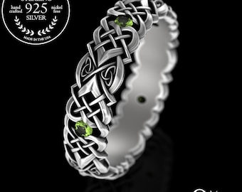 Woven Peridot Knotwork Ring, Sterling Womens Celtic Wedding Band, Womens Heart Trinity Knot Ring, Scottish Peridot Bridal Wedding Ring, 4014