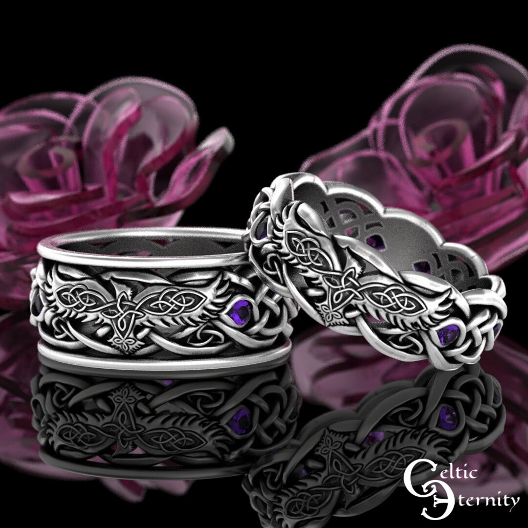 His Hers Viking Wedding Rings, Sterling Raven Ring Set, Amethyst Celtic