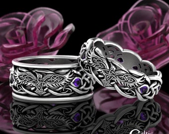 His Hers Viking Wedding Rings, Sterling Raven Ring Set, Amethyst Celtic Rings, Raven Wedding Bands, Celtic Raven Wedding Rings, 4728 4729
