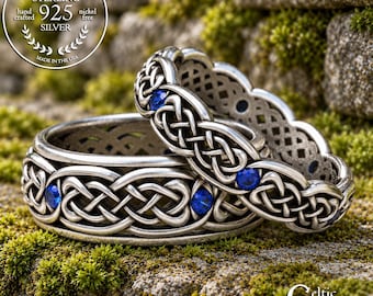 Matching Sterling & Sapphire Wedding Rings, Silver His Hers Irish Knotwork Ring Set, 1584 1582
