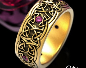 Mens Celtic Knotwork Ring, Gold & Ruby Mens Ring, Gold Ruby Celtic Wedding Band, Mens White Gold Celtic Ring, Mens Platinum Irish Ring, 1823