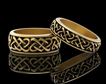Gold Celtic Wedding Ring Set, Matching Wedding Bands, Gold Heart Wedding Band, Heart Wedding Ring, His Her Rings, Platinum Ring 1264 + 1265