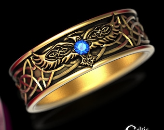 Mens Gold Raven Wedding Band, Mens Gold Celtic Ring, Sapphire Raven Ring for Men, Gold Viking Raven Wedding Ring, Mens Gold Raven Ring, 1164