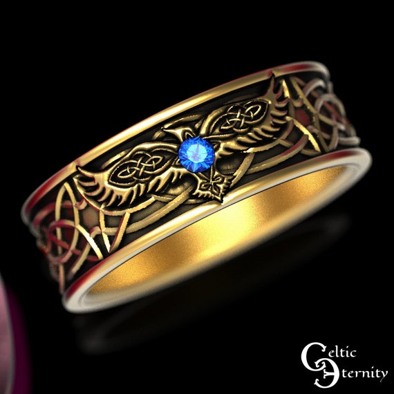 Mens Gold Raven Wedding Band, Mens Gold Celtic Ring, Sapphire Raven Ring for Men, Gold Viking Raven Wedding Ring, Mens Gold Raven Ring, 1164