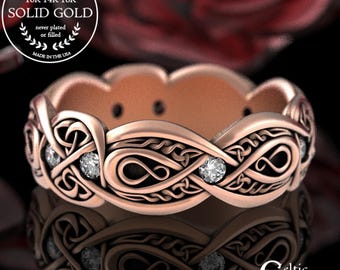 Elegant Celtic Rose Gold & Moissanite Wedding Ring, Irish Weave Gemstone Handfasting Ring, Eternity Rose Gold Anniversary Band, 1411