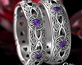 Sterling Matching Wedding Rings, Celtic Amethyst Ring Set, Silver Celtic Wedding Band Set, Amethyst Matching Rings, Irish Rings, 1806 1805