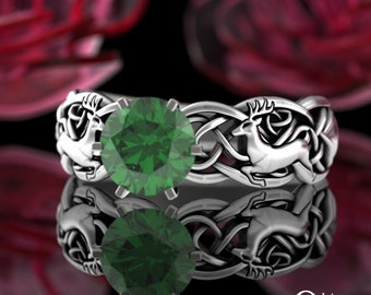 Emerald Deer Engagement Ring, Sterling Celtic Deer Solitaire, Womens Silver Forest Wedding Ring, Green Irish Antler Ring, Nature Ring, 3136