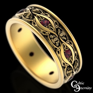 Mens Thistle Ring, Mens Gold Scottish Ring, Ruby Thistle Wedding Band, Mens Ruby Wedding Band, 10K Scottish Ring, 14K Thistle Ring, 3023