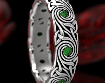 Celtic Knot Ring, Swirl Emerald Wedding Band, Celtic Trinity Triskele Emerald Wedding Ring, Custom Made Sterling Celtic Wedding Ring 1289
