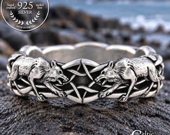 Sterling Wolves & Knotwork Wedding Ring, Silver Guardian Wolf Ring, Bride's Wolf Ring, Lady's Viking Wedding Band, Wolf Spirit Animal, 1746