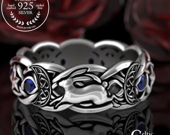 Sterling Rabbit & Magic Moons Ring, Sapphire Witch Statement Ring, Silver Bunny Love Ring, Celtic Hare Wedding Ring, Divine Goddess, 3285
