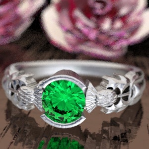 Thistle Engagement Ring, Sterling Silver & Emerald, Scottish Solitare, Floral Wedding, Handcrafted Rings, Alternative Engagement Ring 1774 image 5