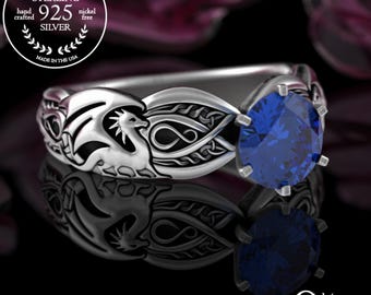 Sapphire 1 Carat Dragons Engagement Ring, Sterling Irish Dragon Bridal, Women Solitaire Ring, Silver Scottish Dragon Wedding Ring, 3185