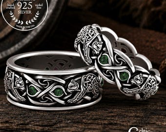 His Hers Nordic Viking Wedding Bands, Sterling Emerald Bear Rings, Matching Bear Wedding Rings, Scottish Bear Ring, Irish Knotwork 3095 1682