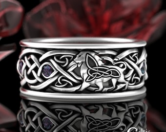 Sterling Alexandrite Lion Ring, Silver Mens Lion Wedding Ring, Irish Lion Ring, Alexandrite Mens Wedding Band, Scottish Lion Ring, 3049