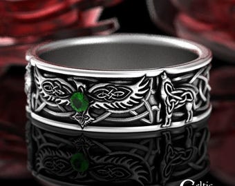Mens Emerald Raven Ring, 2 Wolves & Raven Wedding Band, Sterling Viking Band, Mens Wedding Band, Raven Jewelry, Wolf Ring, Raven Ring, 1698