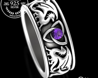 Sterling Welsh Dragon Ring, Amethyst Dragon Wedding Band, Knotwork Dragon Ring, Nordic Mens Wedding Ring, Silver Norse Dragon Ring, 3052