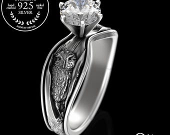 Owl & Tree Bark Engagement Ring, Sterling Moissanite Barn Owl Wedding, Silver Women Nature Forest Ring, Bird Diamond Solitaire Ring 3165