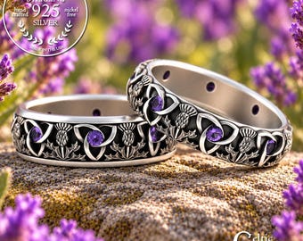 Thistle Wedding Rings, Sterling Amethyst Celtic Thistle Set, His Hers Wedding Bands, Scottish Thistle Rings, Irish Handfasting, 4814 4813