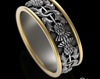 2tone Scottish Men Thistle Wedding Ring, 10K Gold & Sterling Silver Celtic Botanical Handfasting, Silver Gold Irish Groom Wedding Band, 4039