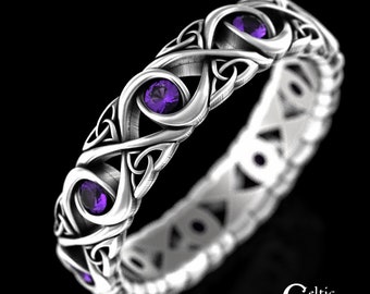 Amethyst Celtic Wedding Band, Sterling Womens Celtic Ring, Woman Amethyst Ring, Irish Amethyst Ring, Sterling Irish Wedding Band, 1409