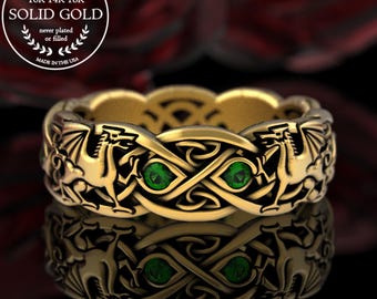 Emerald Dragon Ring in Gold, 10K Celtic Dragon Wedding Band for Woman, 14K Draco Wedding Ring, Welsh Draig Ring, Emerald Wyvern Ring, 3016
