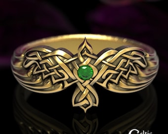 Gold & Emerald Raven Ring, Celtic Platinum Raven Handfasting Ring, Bird Wedding Ring, Gold Emerald Corvid Ring, Gold Viking Crow Ring, 1478