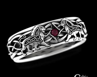 Sterling Lion Ring, Celtic Lion Ring, Ruby Lion Wedding Band, Men's Lion Ring, Silver Lion Wedding Ring, Men Celtic Wedding Band, 3047