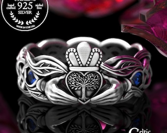Sapphire Tree Heart Claddagh Ring, Sterling Nature Theme Wedding Band, Woman's Silver Irish Botanical Ring, Ladies Heartwood Ring, 2041